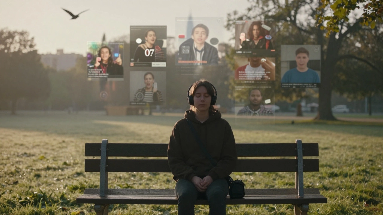 A person sits peacefully on a park bench at dawn, while ghostly viral videos fade behind them in the morning light.