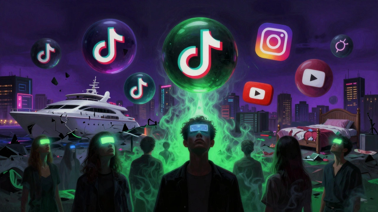 Floating social media icons hover over a crumbling cityscape where luxury and decay blend, silhouettes of people look up in despair.